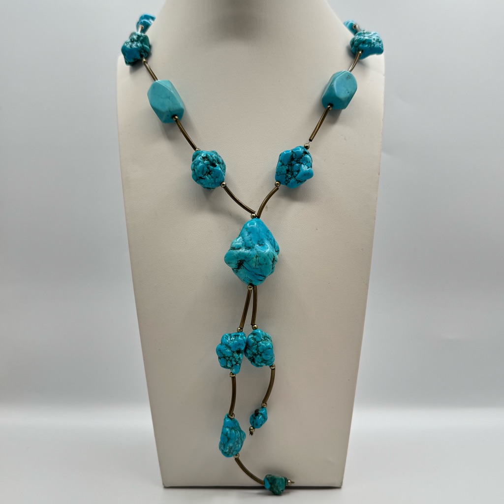 Howlite Turquoise Tone Nugget Boho Lariat Necklace 45$